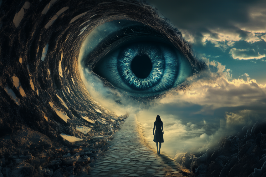 Surreal landscape with giant eye and solitary figure on a path