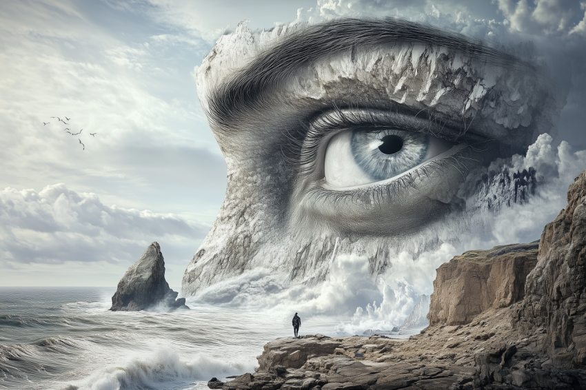 Giant stone face with piercing blue eye emerging from coastal cliffside