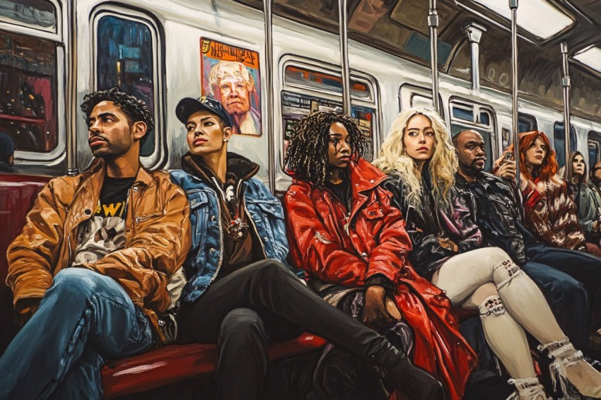 Diverse Commuters on NYC A Train Illustration