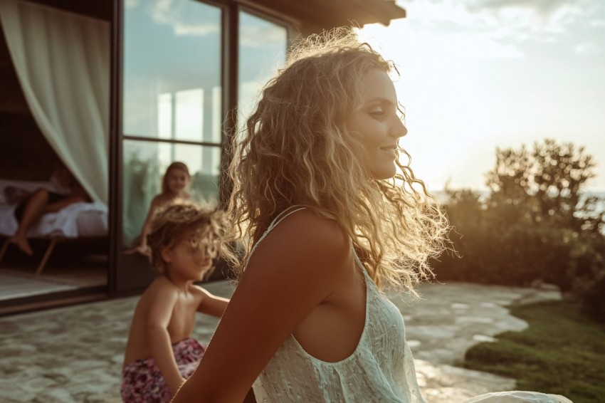 Backyard Family Scene at Beach House in Sunlight