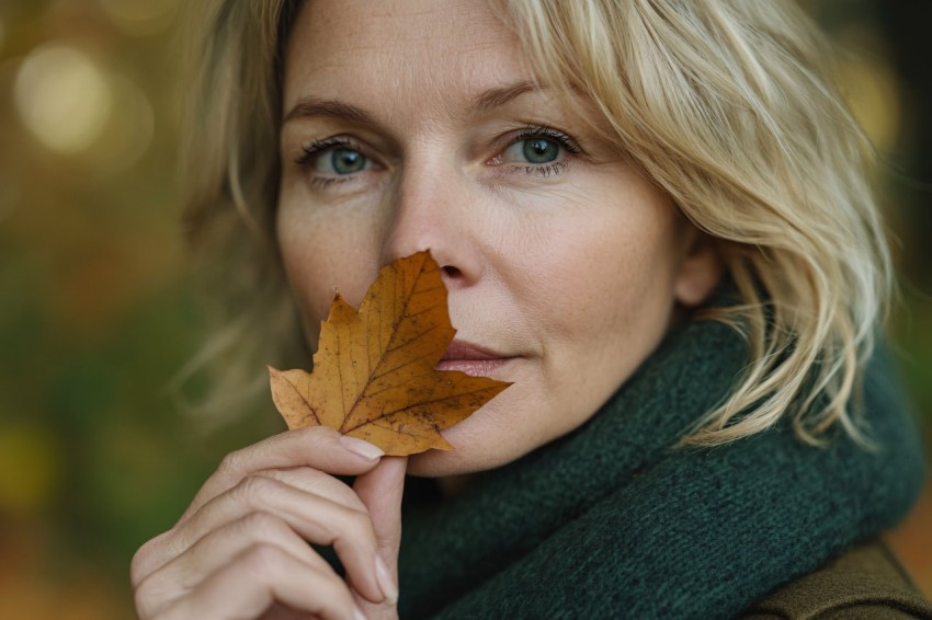 Blonde Woman Holding Autumn Leaf Shot on Canon EOS R5