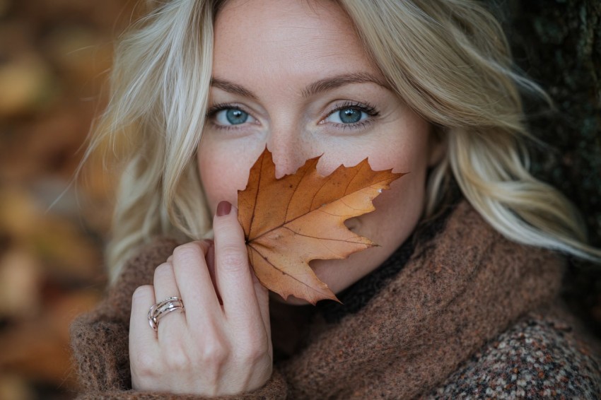 Blonde Woman Holding Autumn Leaf Canon EOS R5 Portrait