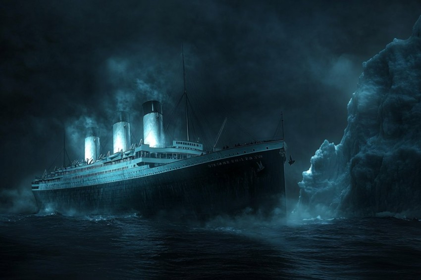 Sinking Titanic with Eerie Dark Ocean Background