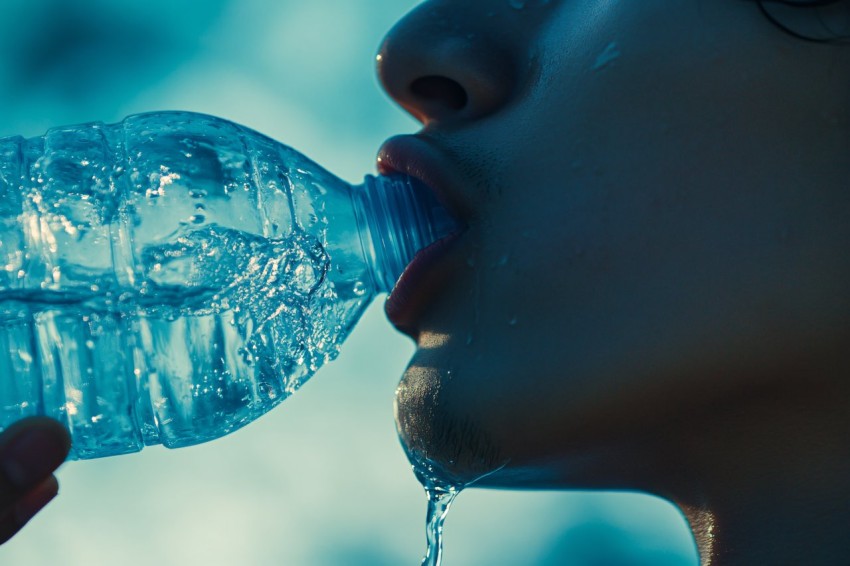 Close-Up of Drinking Water from Plastic Bottle