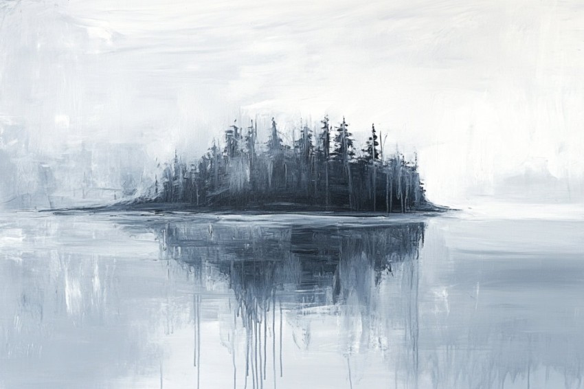 Island with Forest in Greyscale and Blue Tones