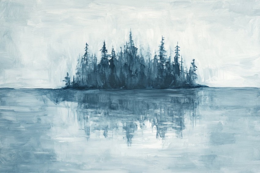 Island in Soft Greyscale and Blue Minimalist Painting