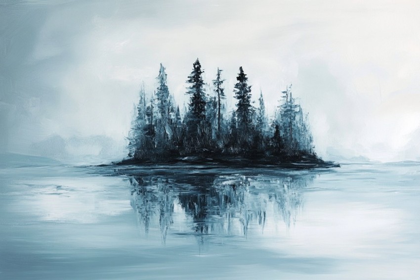 Island in Soft Greyscale and Blue Painting