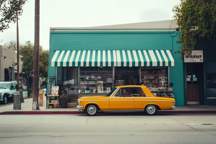 Retro Shop Exterior with Vintage Signage and Architecture