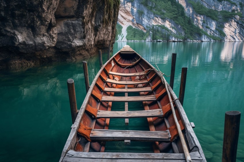 Wooden Boat Docked at Pragser Wildsee Dolomites