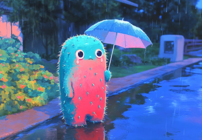 Sad Eldritch Cactus Holding Umbrella in Rain