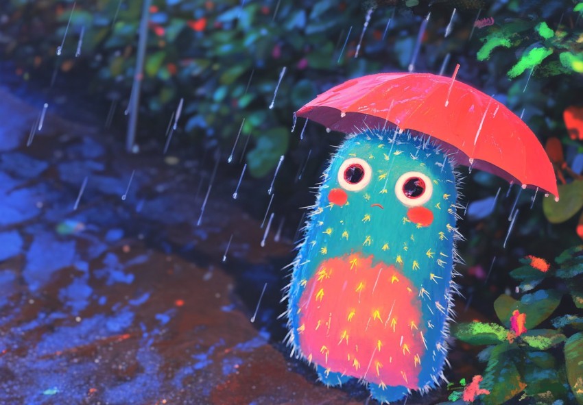 Sad Cactus Holding Umbrella in the Rain Artwork