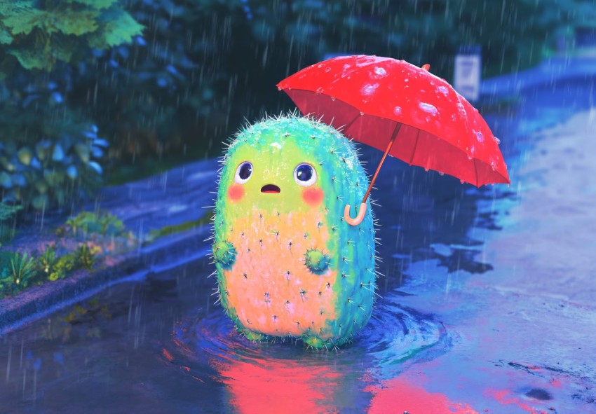 Cactus Holding Umbrella in Rain