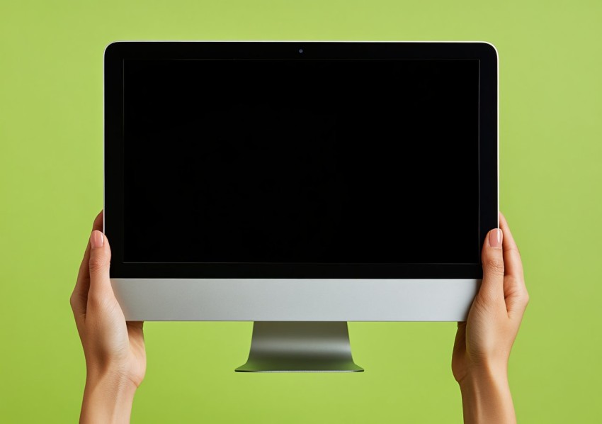 iMac Mockup Held by Woman Hand on Green Screen