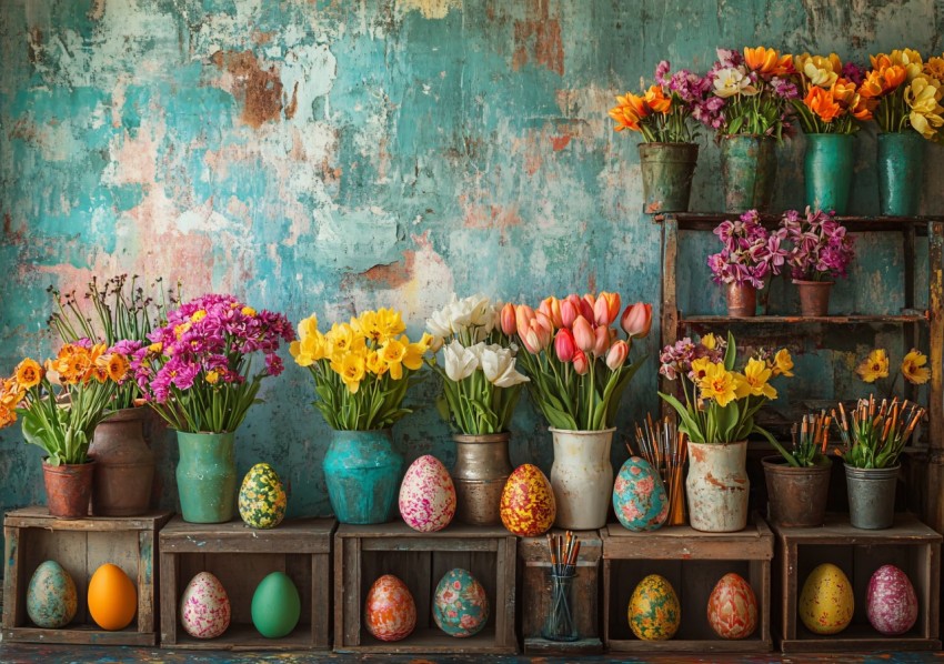 Easter Egg Painting Photography Backdrop with Flower Vases