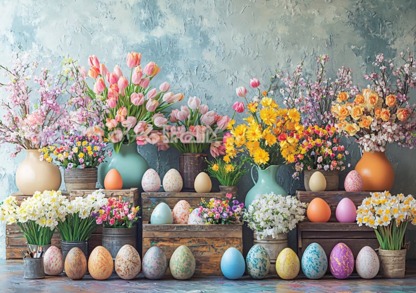 Easter Egg Painting Backdrop with Colorful Flower Vases