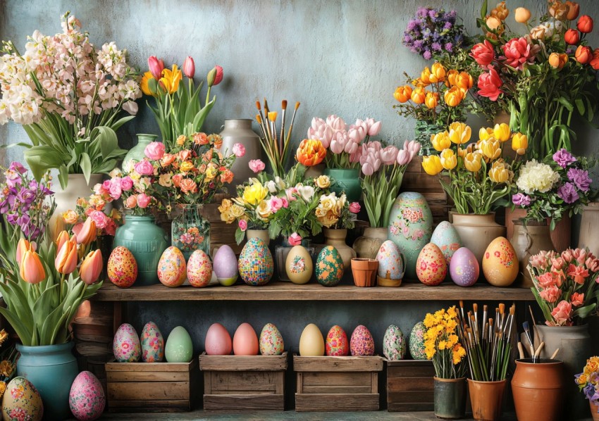 Easter Egg Painting Photography Backdrop with Floral Decor