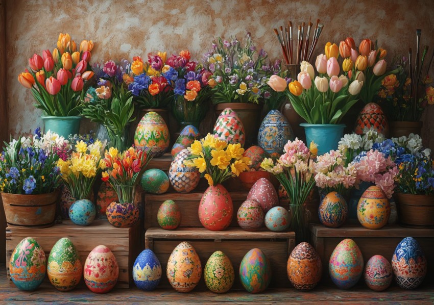 Easter Egg Painting Backdrop with Colorful Floral Decorations