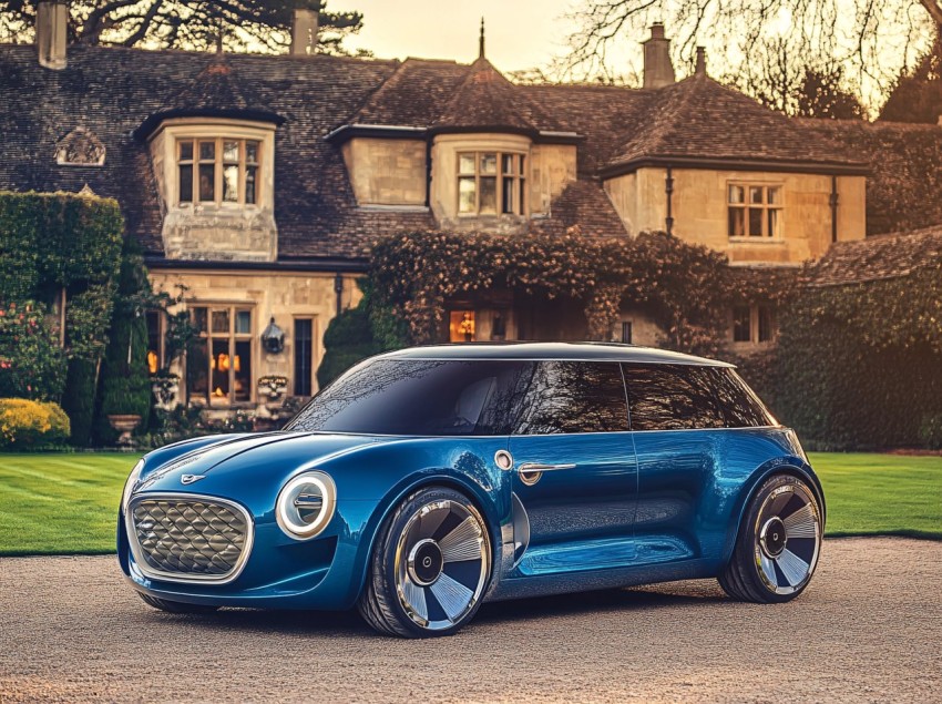 Blue MINI Concept Car in Front of Country House