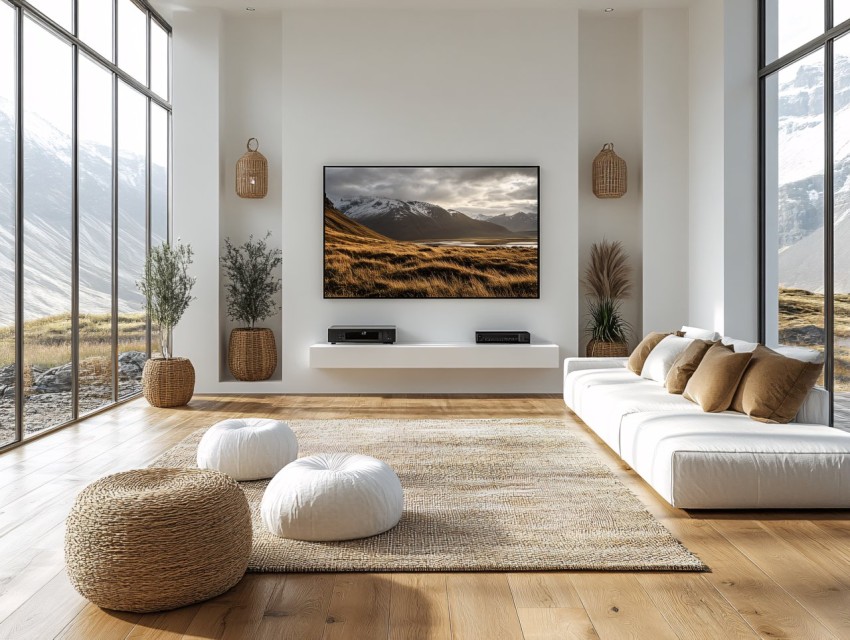 Minimalist Living Room with Iceland Landscape on TV