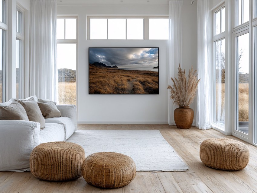 Modern Minimalist Living Room with Icelandic Landscape