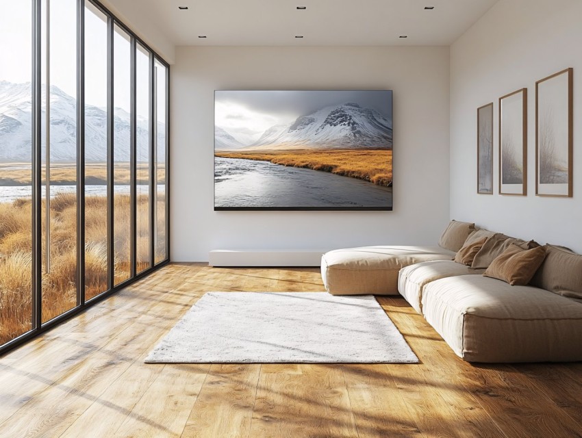 Minimalist Living Room with Icelandic Landscape Display