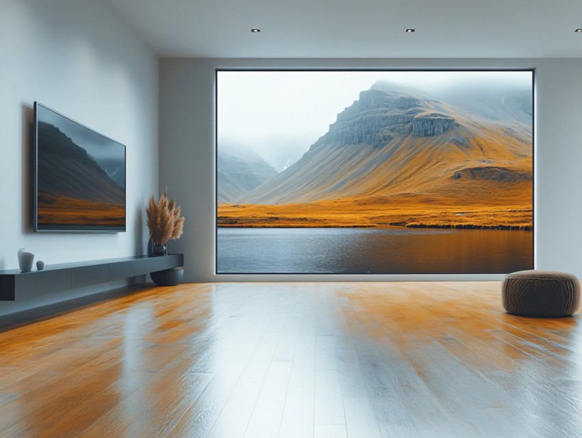 Minimalist Living Room with TV Displaying Iceland Landscape