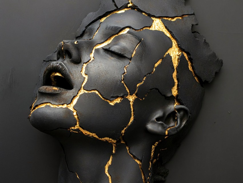 Screaming Woman Sculpture Made of Tyre Rubber and Gold