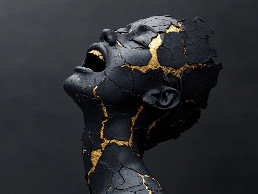 Screaming Woman Sculpture Made of Rubber and Gold