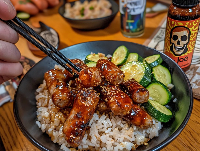 Sausage, Zucchini, Rice, and Hot Sauce Meal