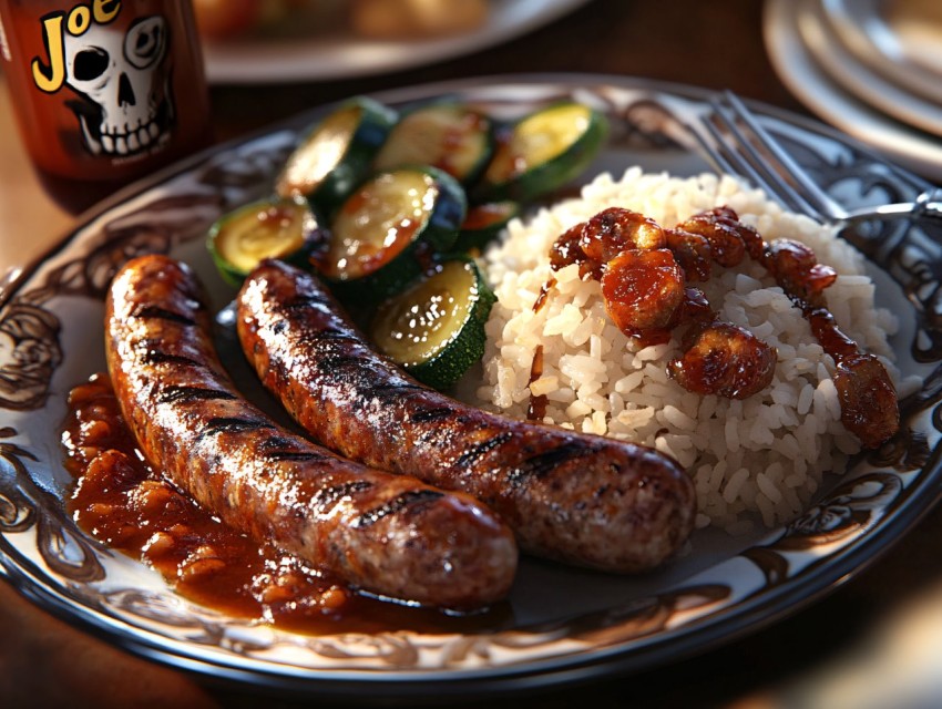 Juicy Sausage with Zucchini, Rice and Hot Sauce