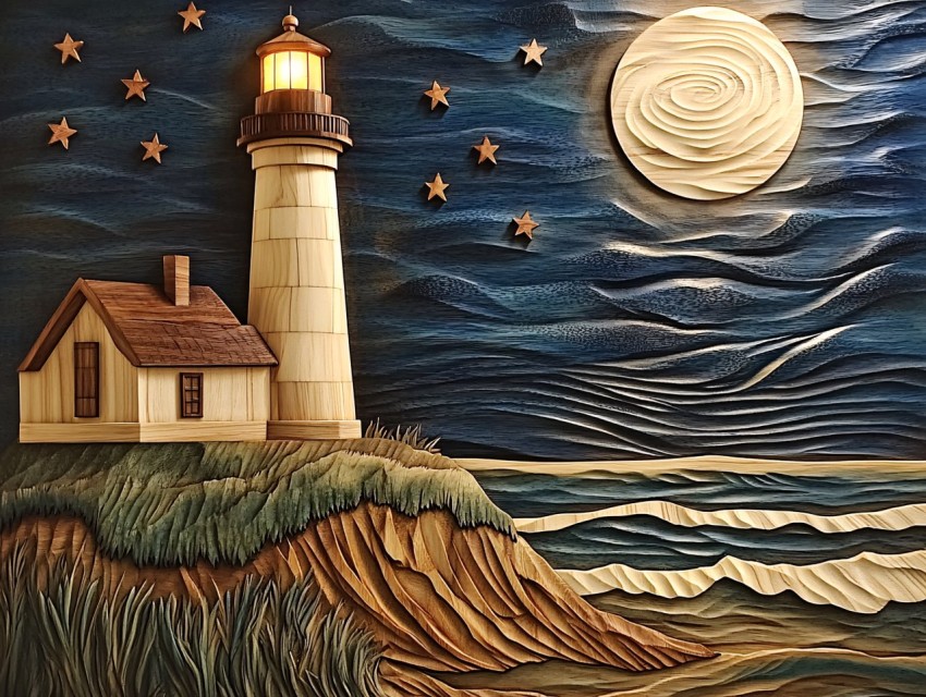 Wood Lighthouse Scene at Nighttime