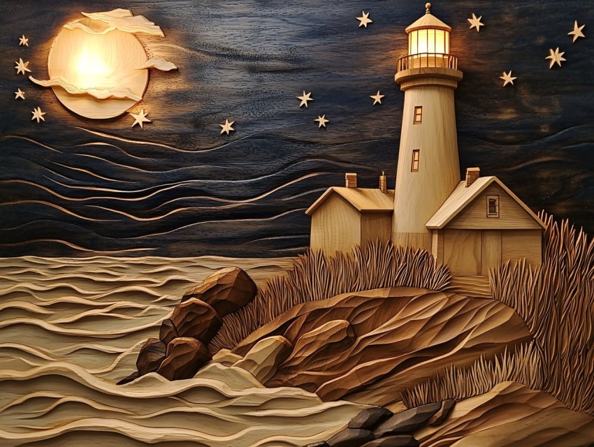 Carved Wood Lighthouse Scene at Night with Ocean Waves