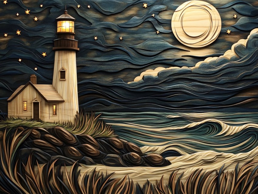 Carved Wood Lighthouse at Night with Ocean Waves