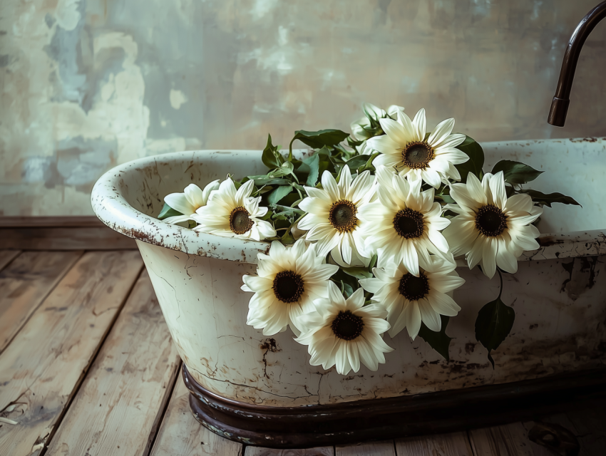 Vintage Bathtub with Sunflowers