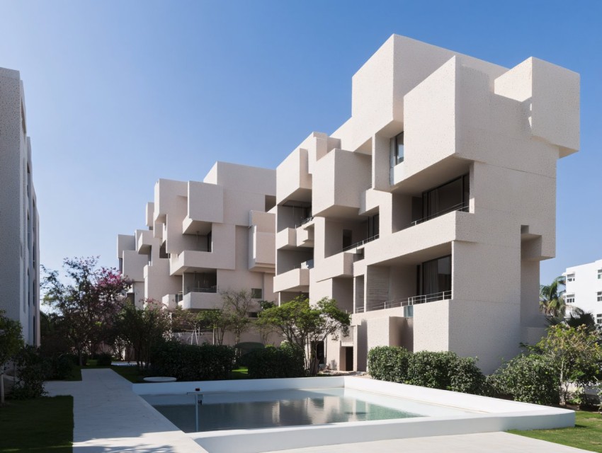 Tropical Apartment Building with Travertine Marble Facade