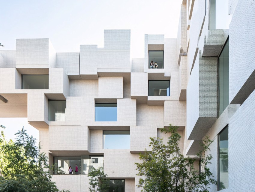 Tropical Apartment Building with Travertine Marble and Large Windows