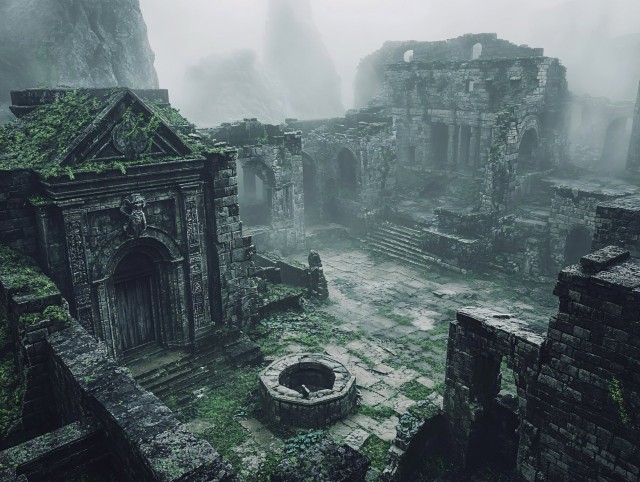 Ancient Ruined Medieval Village in Thick Mist