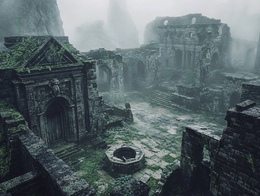 Ancient Ruined Medieval Village in Thick Mist