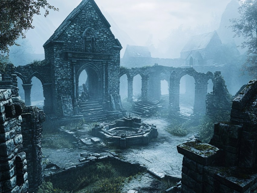 Ruined Medieval Village in Mist with Ancient Well