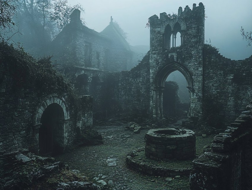 Ancient Misty Ruined Medieval Village with Central Well