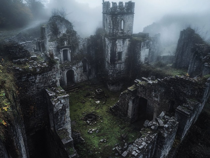 Ancient Medieval Village Ruins Shrouded in Thick Mist