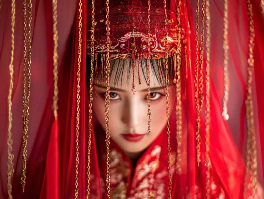 Chinese Bride in Red Veil and Gold Dress Surrounded by Eyes