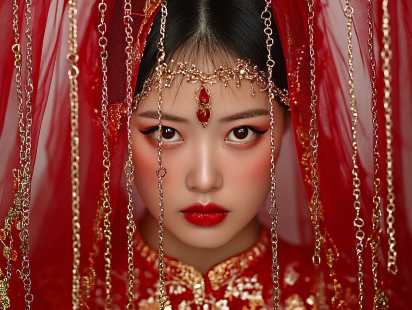 Chinese Bride in Red Veil with Surreal Room of Eyes