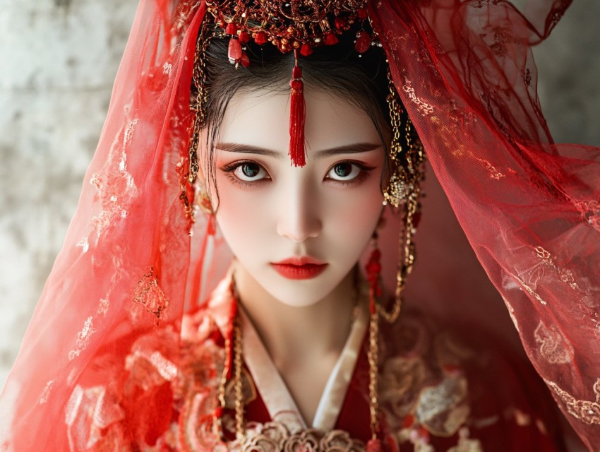 Chinese Bride in Red Veil Surrounded by Eyes