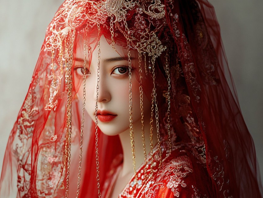 Chinese Bride in Red Veil Surrounded by Mysterious Eyes