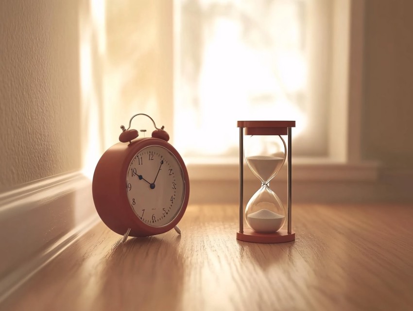 Clock and Hourglass on Wooden Desk Symbolizing Time Management