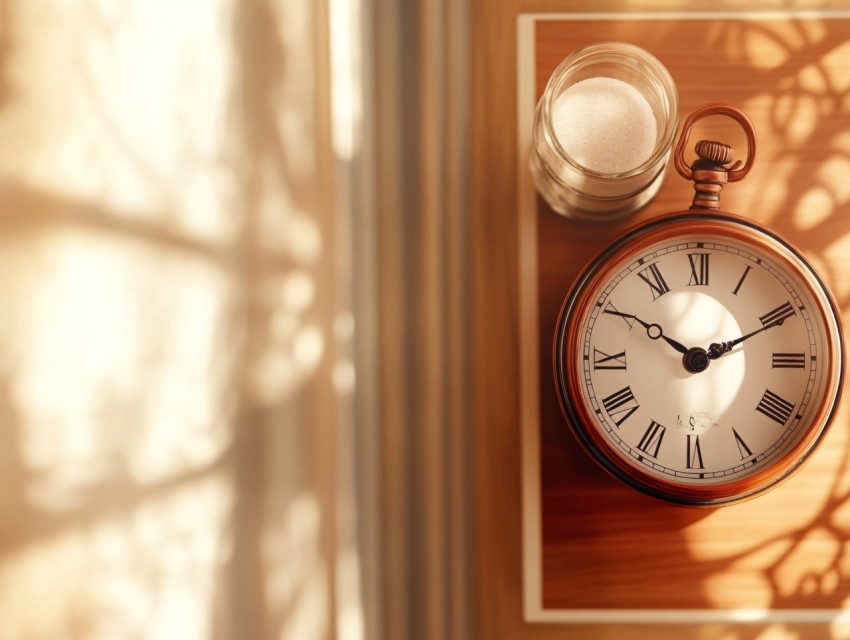 Clock and Hourglass Close-Up on Wooden Desk