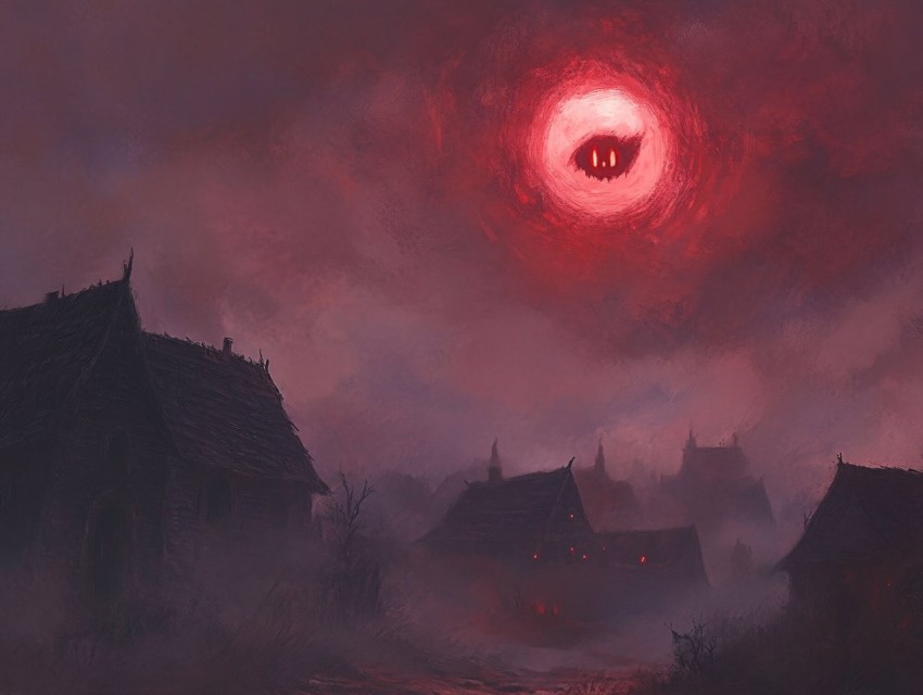 Red Glowing Eyes in Foggy Medieval Village Sky