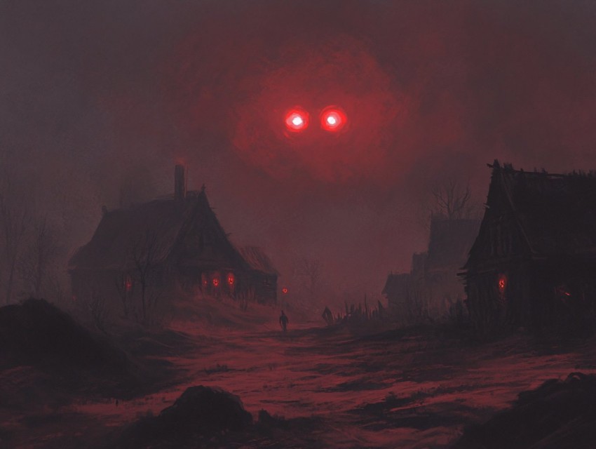 Red Glowing Eyes in Foggy Medieval Village Sky