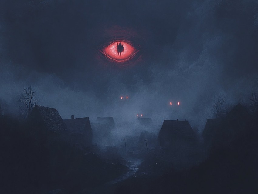 Red Glowing Eyes in Foggy Medieval Village Sky